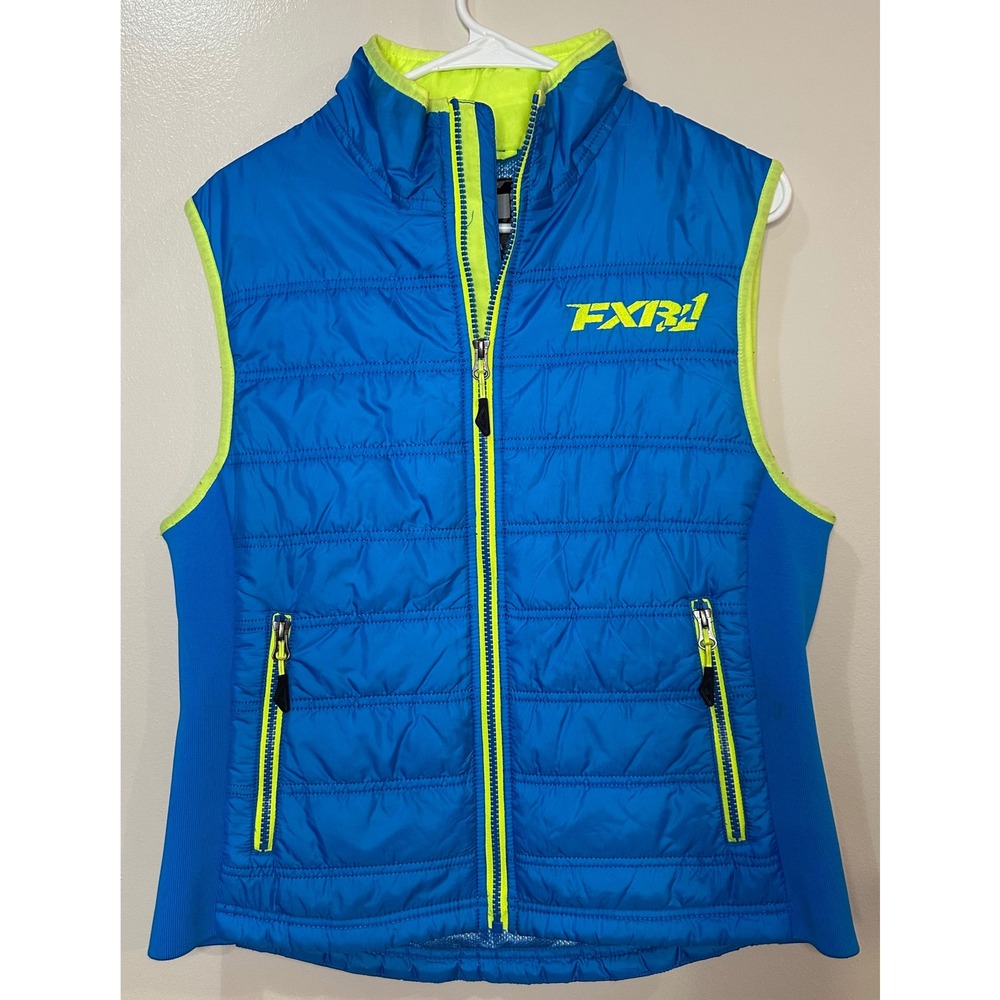 FXR Women's Block Heater Vest Blue Neon Yellow‎ Quilted Puffer Size 8
